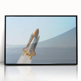 Large abstract wall art featuring a mid-century modernist spacecraft design in black and gray tones, framed acrylic.