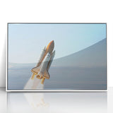 Mid-century modernist spacecraft illustration in muted gray and blue tones on a white framed acrylic.