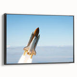 Black and white vintage poster art of a spacecraft, on a framed canvas, ideal for bedroom wall decor.