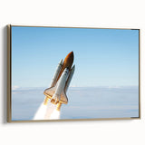Framed canvas featuring a vintage poster of colorful spacecraft, set against a black background.