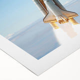 Art deco poster featuring a vintage spacecraft design in muted metallic tones on rolled canvas.