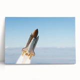 Black and white image of a spacecraft design on stretched canvas, ideal for kitchen wall art or bedroom ambiance.