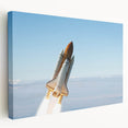Large art of a spacecraft design in muted gray and white tones on stretched canvas, ideal for kitchen wall art.