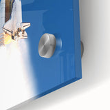 Mid-century modernist art of a spacecraft in muted gray and blue tones on large acrylic glass, ideal for dining room art.