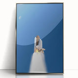 Art deco poster of a spacecraft in silver and gray tones, framed acrylic, ideal for modern nursery wall decor.