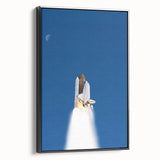 Black and white vintage poster art of a spacecraft, printed on framed canvas, ideal for bedroom wall decor.