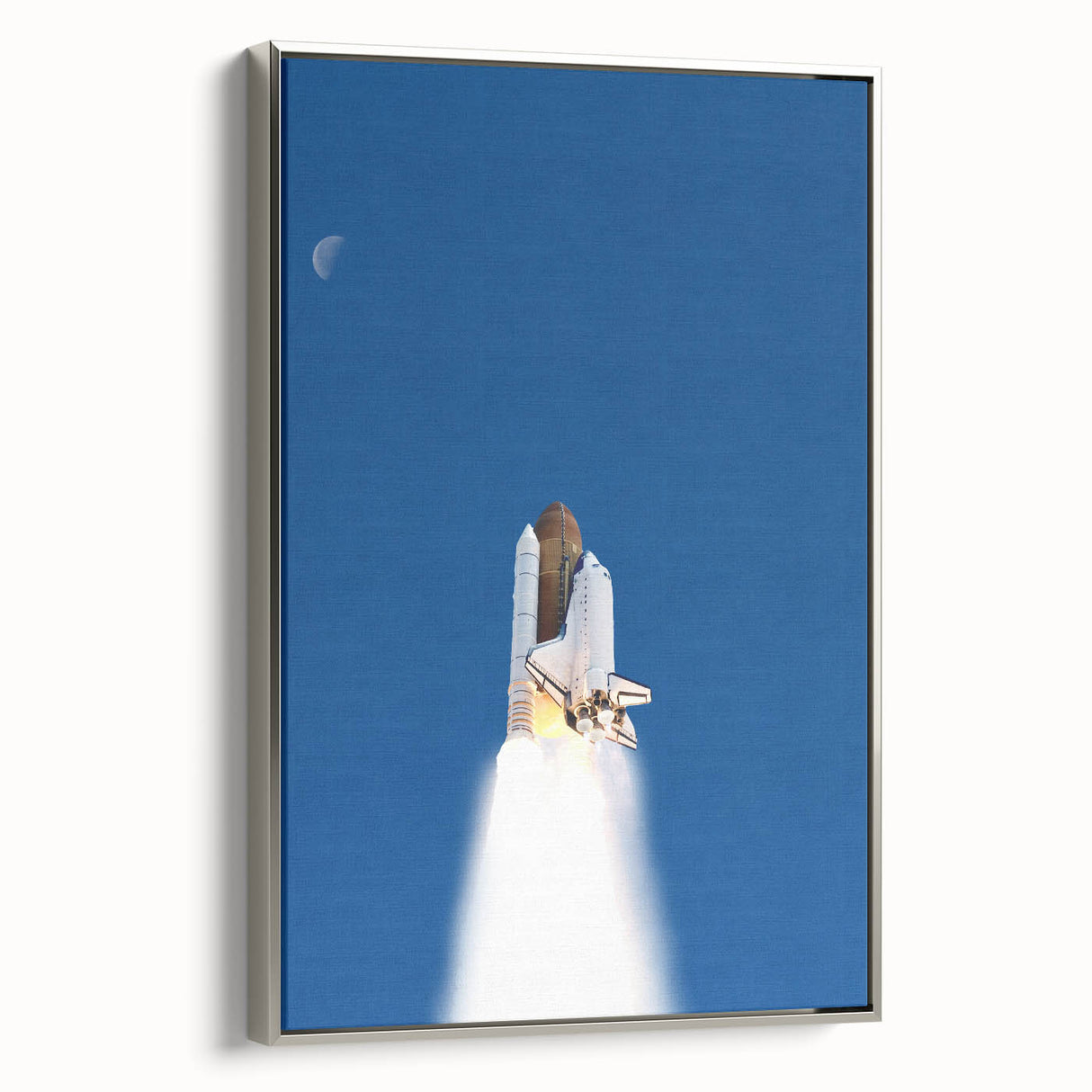 Vintage poster art of a spacecraft in colorful art style, framed canvas in silver, ideal for living room decor.