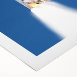 Art deco poster featuring a vintage spacecraft design in muted silver and blue tones on rolled canvas.