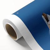 Art deco style poster of a vintage spacecraft, in muted gray and blue tones on rolled canvas, ideal for nursery wall art.