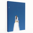 Spacecraft illustration on large stretched canvas with vibrant blue and white tones, suitable for kitchen wall art.