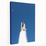 Spacecraft illustration on large stretched canvas with vibrant blue and white tones, suitable for kitchen wall art.
