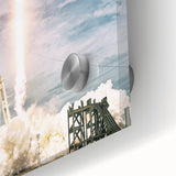 Large abstract wall art depicting a spacecraft in muted gray and blue tones on acrylic glass, suitable for dining room art.