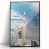 Large abstract wall art featuring a mid-century modernist spacecraft design in black and white, framed acrylic.