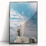 Art deco style poster of a silver spacecraft, framed in acrylic, with a modern art wall decor vibe, suitable for nursery.