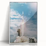 Mid-century modernist spacecraft illustration in muted gray and blue tones on a white framed acrylic.