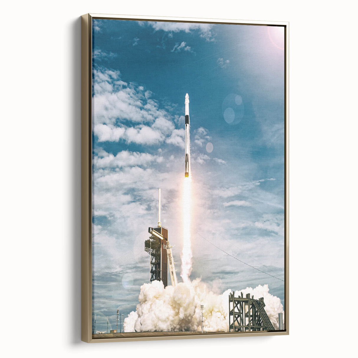 Framed canvas depicting a vintage spacecraft design in black with colorful accents, ideal for a study or office wall.