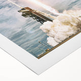 Art Deco poster of a vintage spacecraft in muted metallic tones on rolled canvas, ideal for dining room wall art.