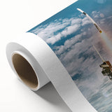 Art deco style spacecraft poster in muted gray and blue tones on rolled canvas, ideal for nursery wall art.