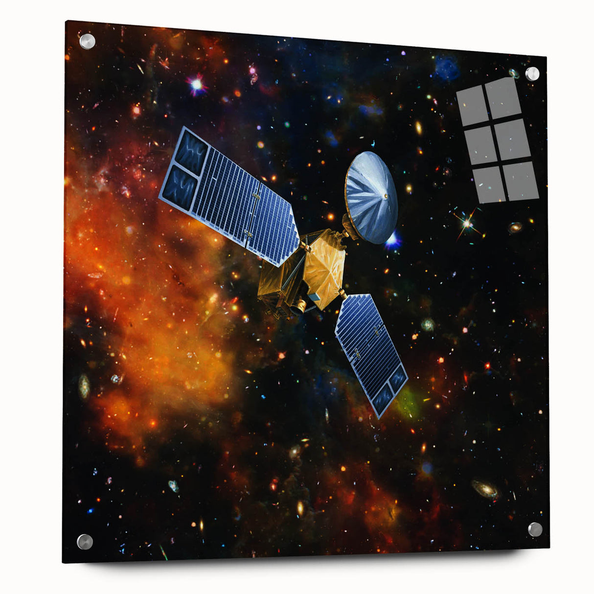 Side view of a large abstract spacecraft design in muted metallic tones on acrylic glass.