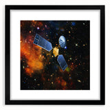 Colorful abstract art print of a spacecraft, textured design on a large black-framed canvas, ideal for living room decor.