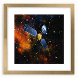 Textured art print of an abstract spacecraft design in gold and black tones, framed with a mat, suitable for bedroom decor.