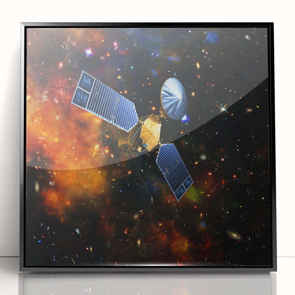Acrylic print of a mid-century modernist spacecraft design in black and gray tones, ideal for modern art wall decor.