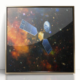 Mid-century modernist art of a spacecraft in gold and black, acrylic framed poster, suitable for modern art wall decor.