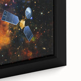 Black wall art featuring a textured, colorful spacecraft design on a framed canvas, ideal for living room decor.