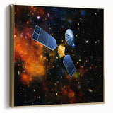 Framed canvas of a vintage spacecraft design in silver and gold on a black background, ideal for office decor.