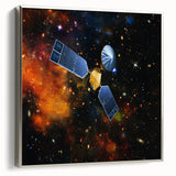 Vintage poster art of a spacecraft in vibrant colors on a black background, framed canvas, suited for living room decor.