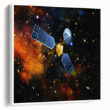 Framed canvas of a vintage poster featuring a black and white landscape with spacecraft, ideal for bedroom wall art.