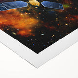 Art deco poster featuring a vintage spacecraft design in muted metallic tones on rolled canvas.