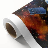 Art deco style poster of a vintage spacecraft in muted gray and blue tones on rolled canvas, ideal for nursery wall art.