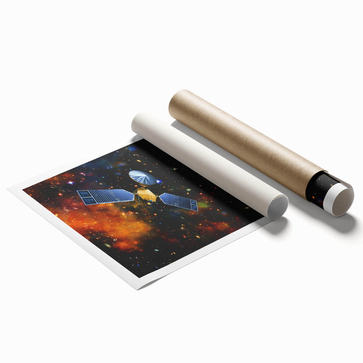 Extra large rolled print of a spacecraft, featuring muted metallic tones, ideal for modern bathroom decor.
