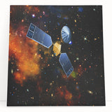 A black and white depiction of a spacecraft, printed on large stretched canvas.
