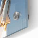 Large abstract wall art featuring a mid-century modernist spacecraft design in vibrant hues on acrylic glass.