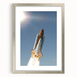 Abstract art print of a spacecraft in silver and gray tones on a framed canvas.
