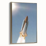 Framed canvas of vintage poster art featuring a colorful spacecraft, ideal for adding a retro vibe to any room.