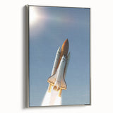 Framed canvas vintage poster art featuring colorful spacecraft designs on a black background, ideal for living room decor.