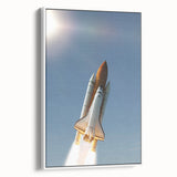 Framed canvas depicting a vintage spacecraft design in black and white, ideal for bedroom wall art.
