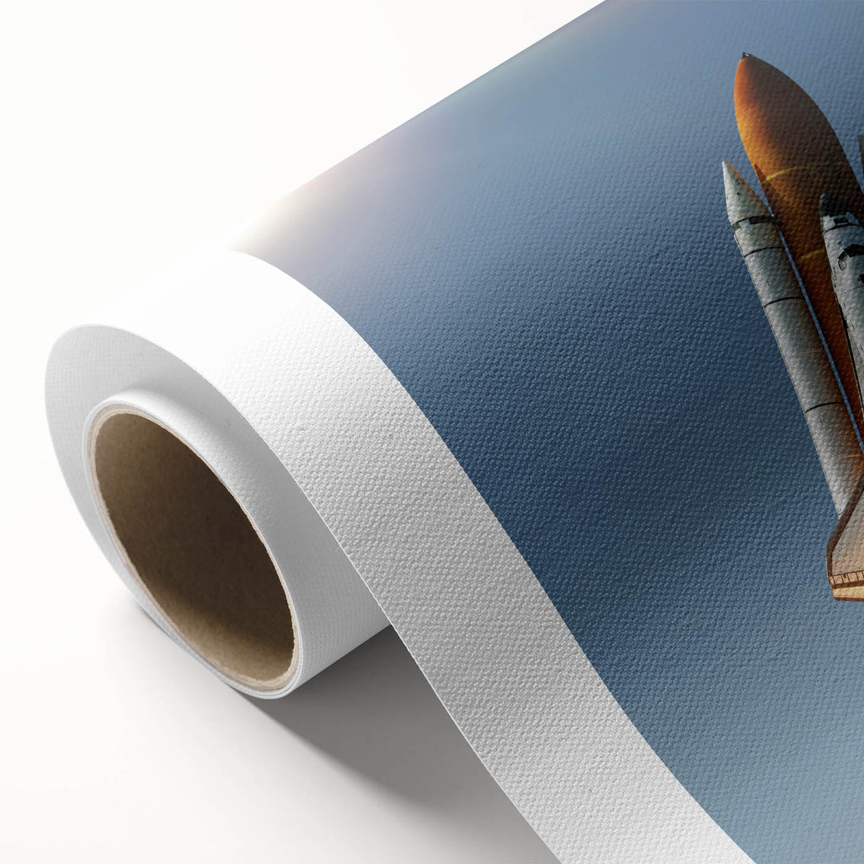 Art deco style poster of a vintage spacecraft in muted blue and gray tones, printed on rolled canvas.