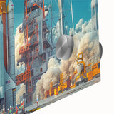 Large abstract wall art depicting a spacecraft in muted gray and blue tones on acrylic, ideal for dining room ambiance.