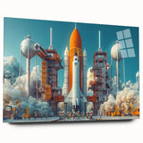 Side view of a large abstract spacecraft design in muted metallic tones on acrylic glass.