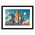 Colorful abstract art print of a spacecraft, featuring vibrant blues and oranges on a textured, extra-large canvas.