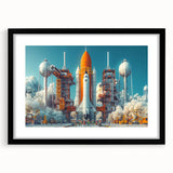 Colorful abstract art print of a spacecraft, featuring vibrant blues and oranges on a textured, extra-large canvas.