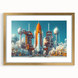 Textured abstract art print of a spacecraft, using neutral and gray tones, framed in gold, ideal for modern bedroom decor.