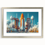 Abstract art print of a spacecraft in muted silver and gray tones on a framed canvas.
