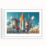 Extra large abstract art print featuring a textured spacecraft design in neutral tones, framed in white.
