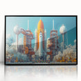 Large abstract wall art featuring a mid-century modernist spacecraft design in black and white hues, framed in acrylic.