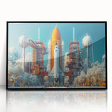 Large abstract wall art featuring a mid-century modernist spacecraft design in black and white hues, framed in acrylic.